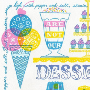 "Just Desserts" Dead Feminist reproduction postcard by Chandler O'Leary and Jessica Spring