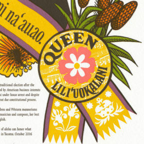 Detail of "Song of Aloha" Dead Feminist broadside by Chandler O'Leary and Jessica Spring