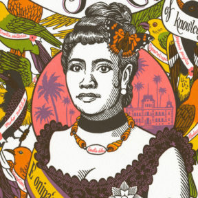 Detail of "Song of Aloha" Dead Feminist broadside by Chandler O'Leary and Jessica Spring